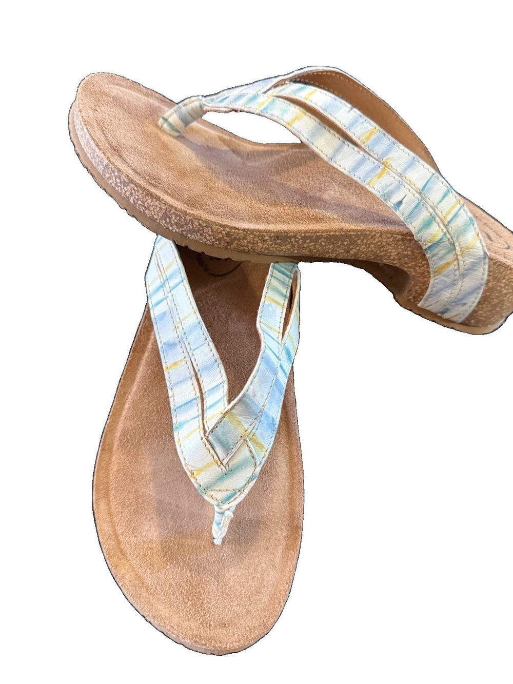 Taos Link Women's Blue Multi Leather Thong Cork Wedge Sandals Size 37 US 6-6.5